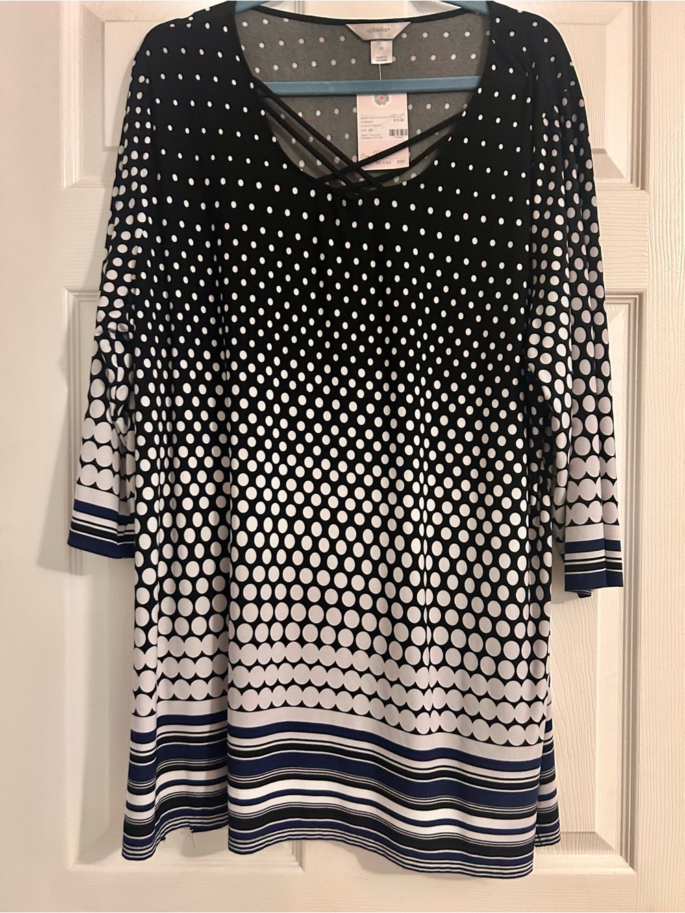 CJ Banks Black and White Polka Dot Crisscross V-Neck Tunic with Striped Hem